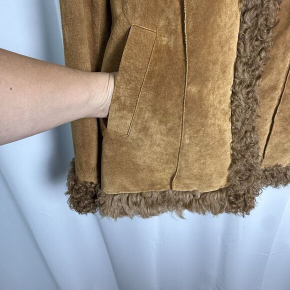 Express Vintage Y2K Dyed Lamb Trimmed Suede Jacket Tan Coat Sz Medium - Picture 3 of 10